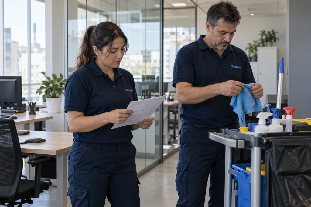 Equipo con uniforme azul coordinando tareas de limpieza en una oficina