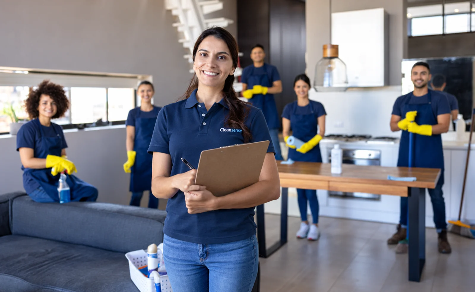 Supervisora con planilla y equipo de limpieza con uniformes azules